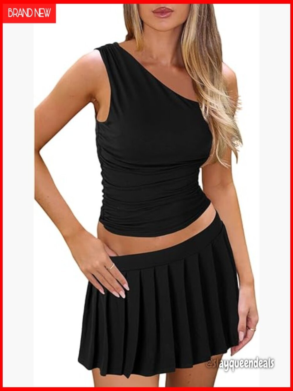 Two Piece Set One Shoulder Crop Top Pleated Mini Skirt Outfit